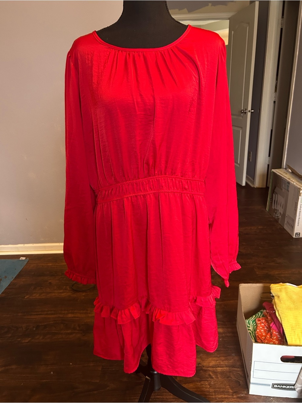 Knox Rose Women Red Long-Sleeve Ruffle Hem Dress Size Large